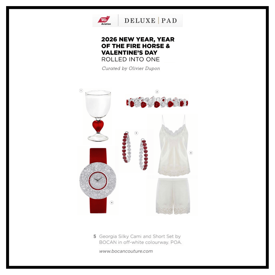 2026 New Year Year of the Fire Horse and Valentine’s Day editorial featuring red and white luxury gifts including a Bocan Georgia silky cami and short set in off white