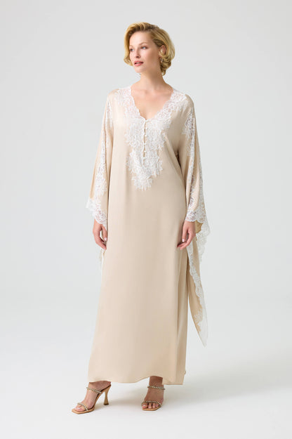 Adelaide - Trimmed Long Buttoned Dress with Triangular Sleeve - Sand with Off White Lace