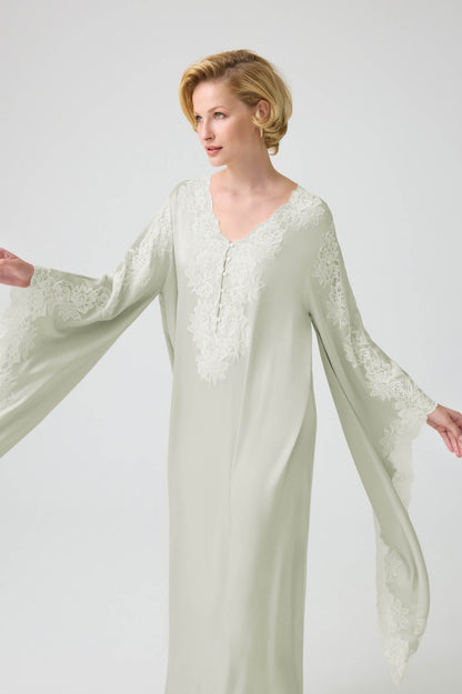 Adelaide - Trimmed Long Buttoned Dress with Triangular Sleeve - Light Green with Light Green Lace