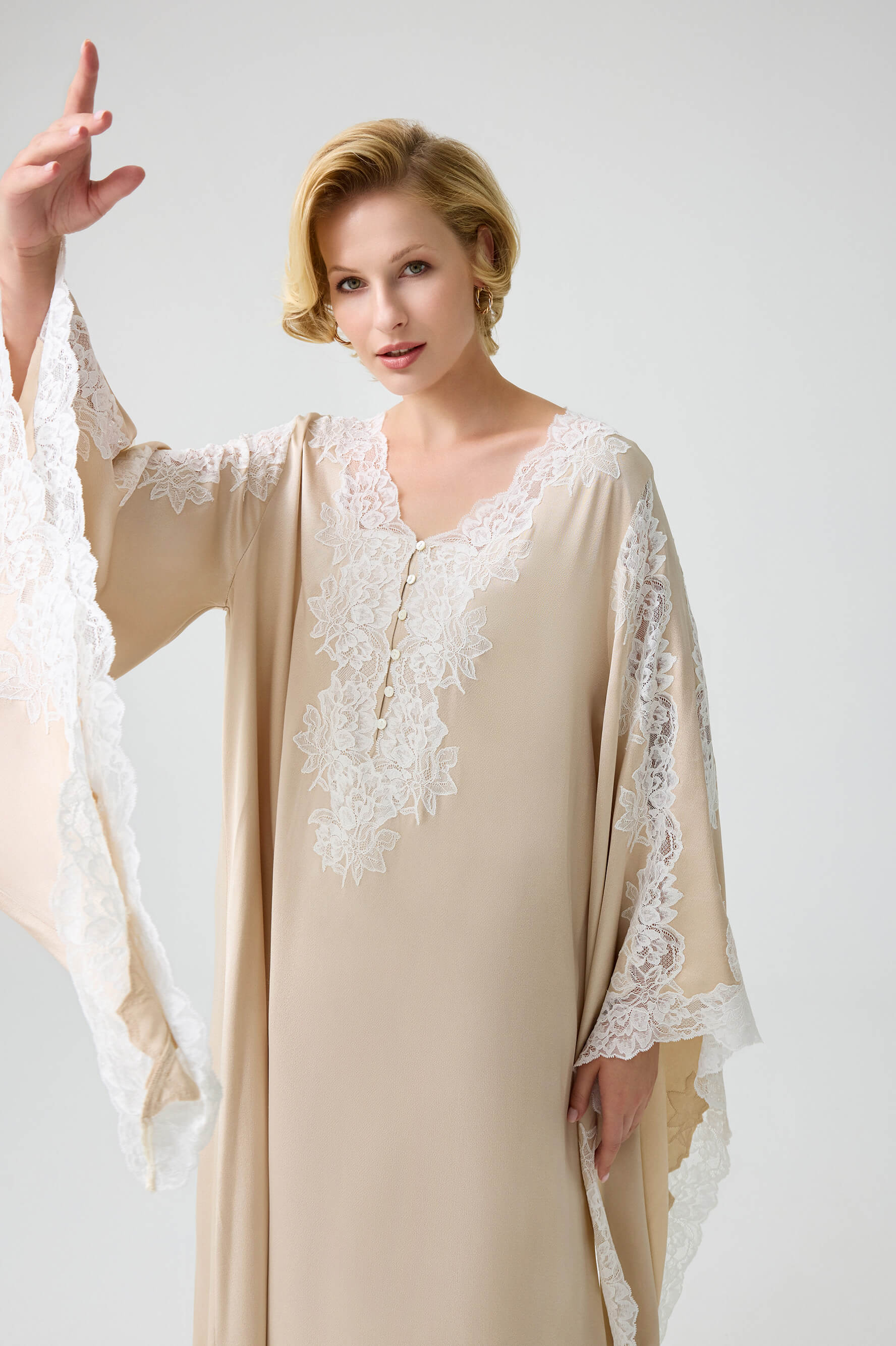 Adelaide - Trimmed Long Buttoned Dress with Triangular Sleeve - Sand with Off White Lace