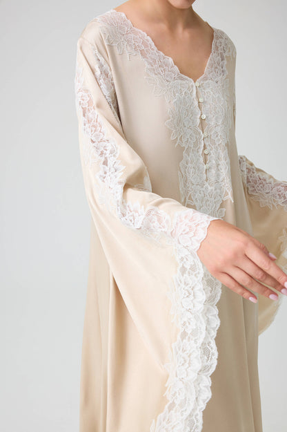 Adelaide - Trimmed Long Buttoned Dress with Triangular Sleeve - Sand with Off White Lace