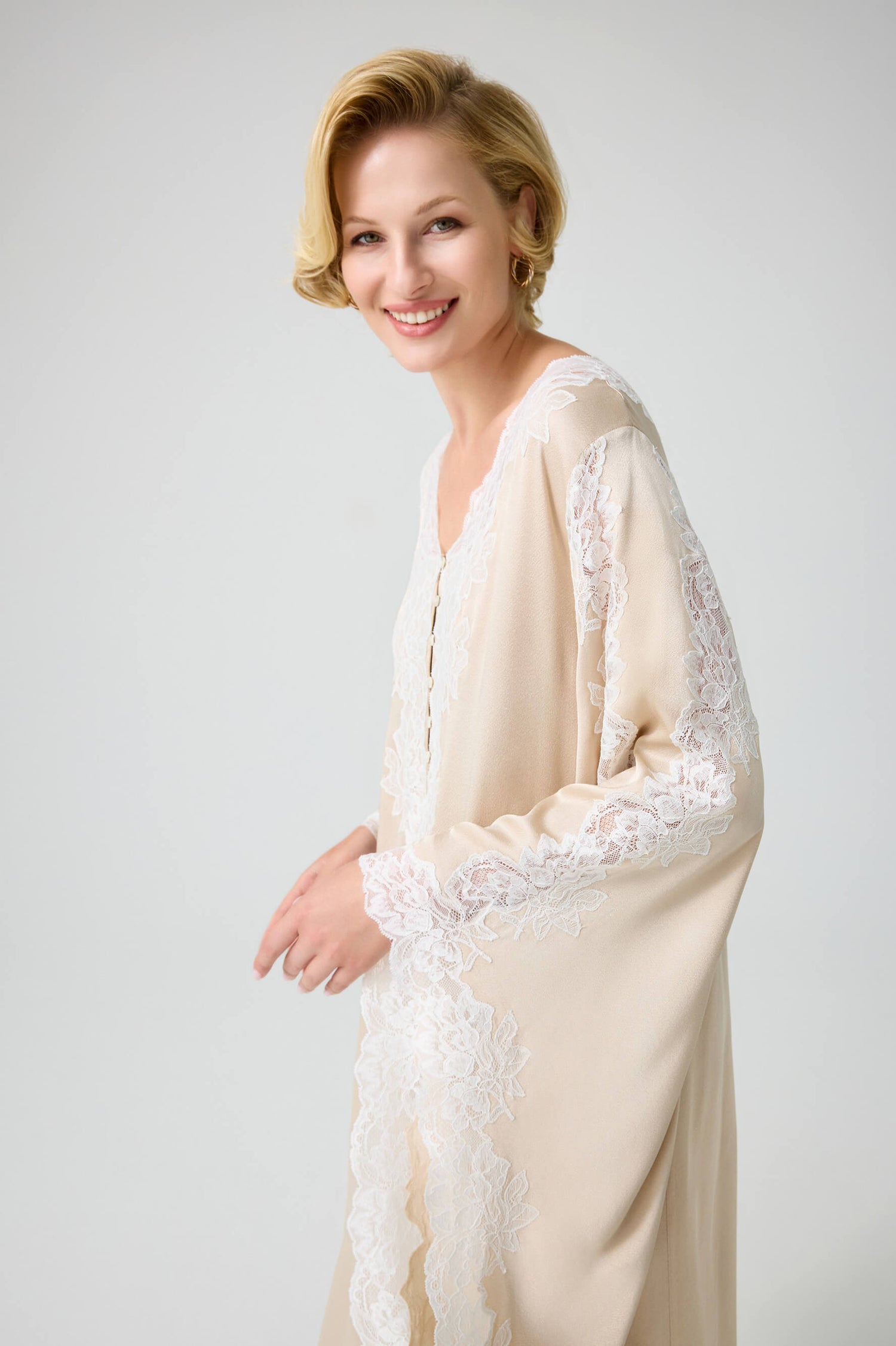 Adelaide - Trimmed Long Buttoned Dress with Triangular Sleeve - Sand with Off White Lace