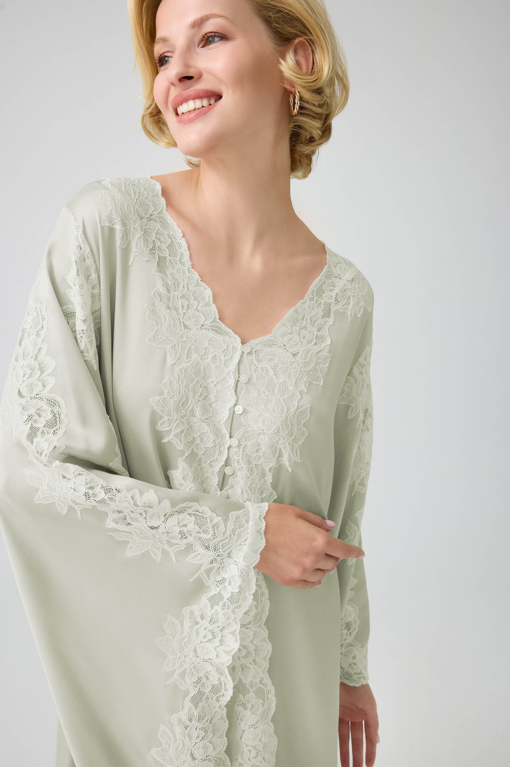 Adelaide - Trimmed Long Buttoned Dress with Triangular Sleeve - Light Green with Light Green Lace