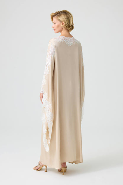 Adelaide - Trimmed Long Buttoned Dress with Triangular Sleeve - Sand with Off White Lace