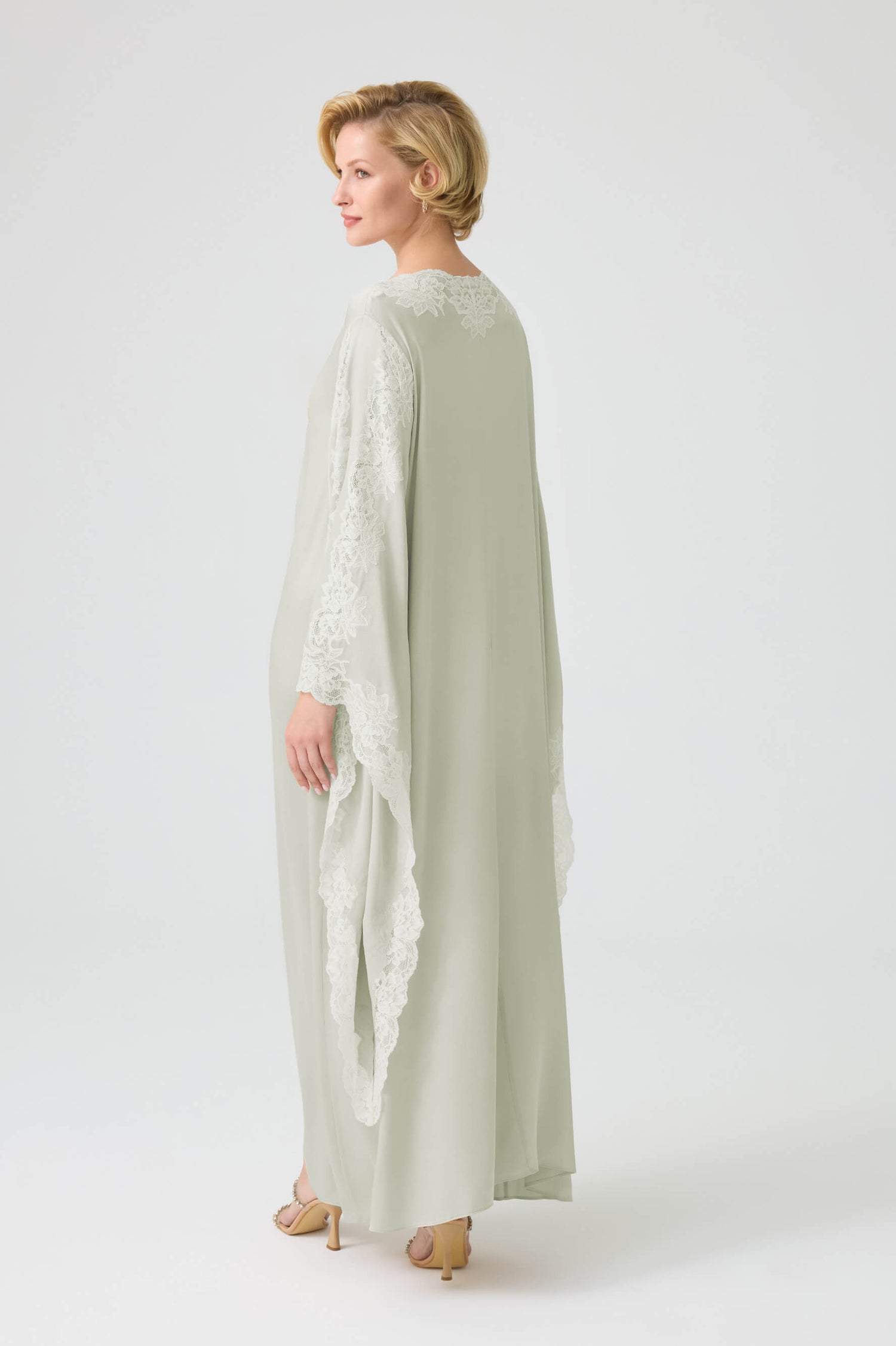 Adelaide - Trimmed Long Buttoned Dress with Triangular Sleeve - Light Green with Light Green Lace