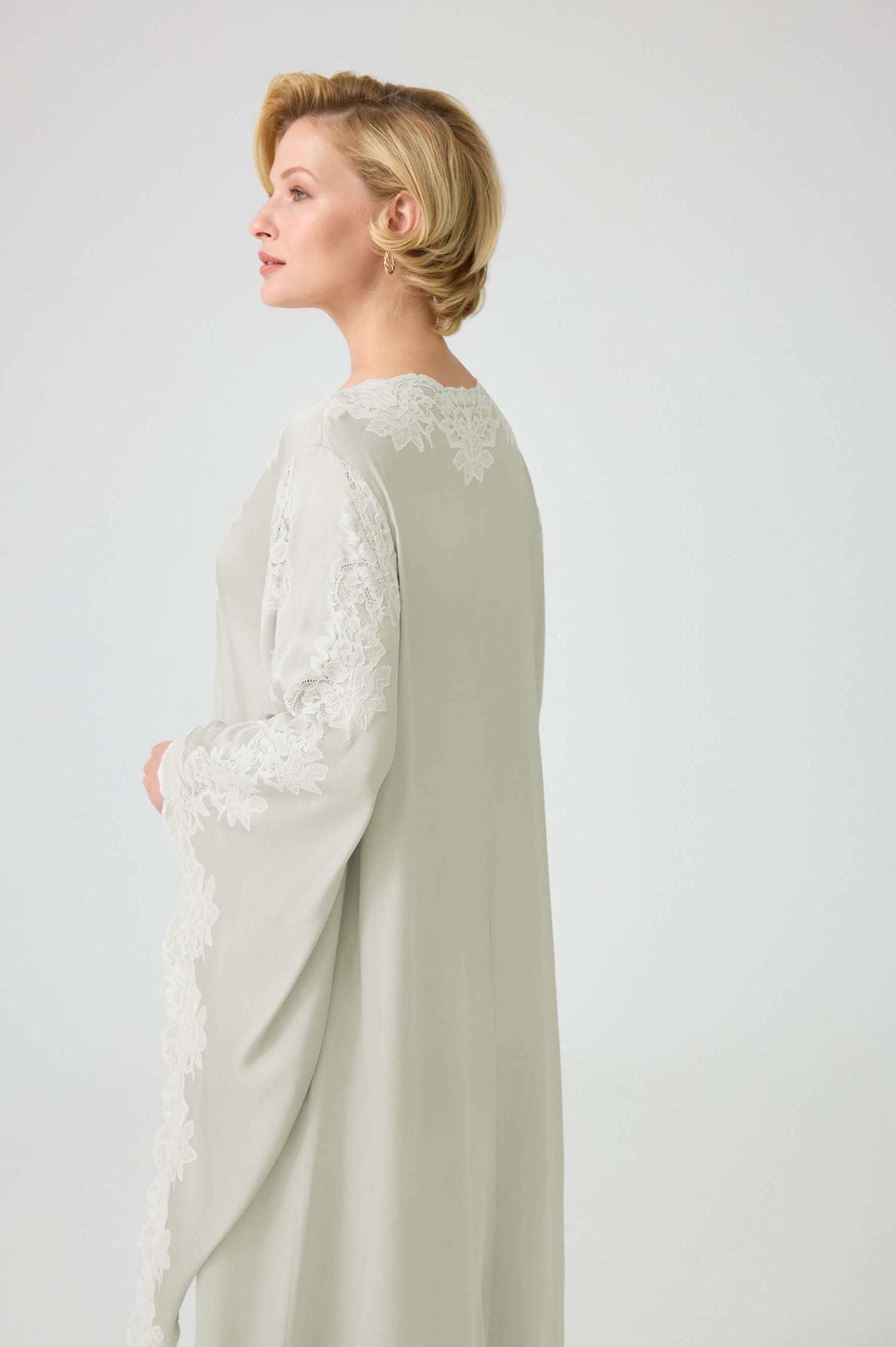 Adelaide - Trimmed Long Buttoned Dress with Triangular Sleeve - Light Green with Light Green Lace