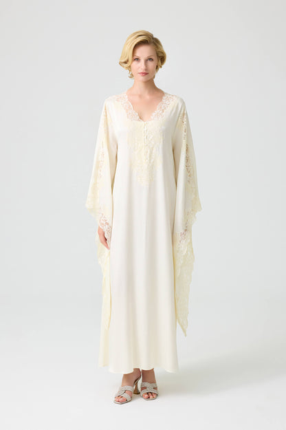 Adelaide - Trimmed Long Buttoned Dress with Triangular Sleeve - Off White with Honey Lace