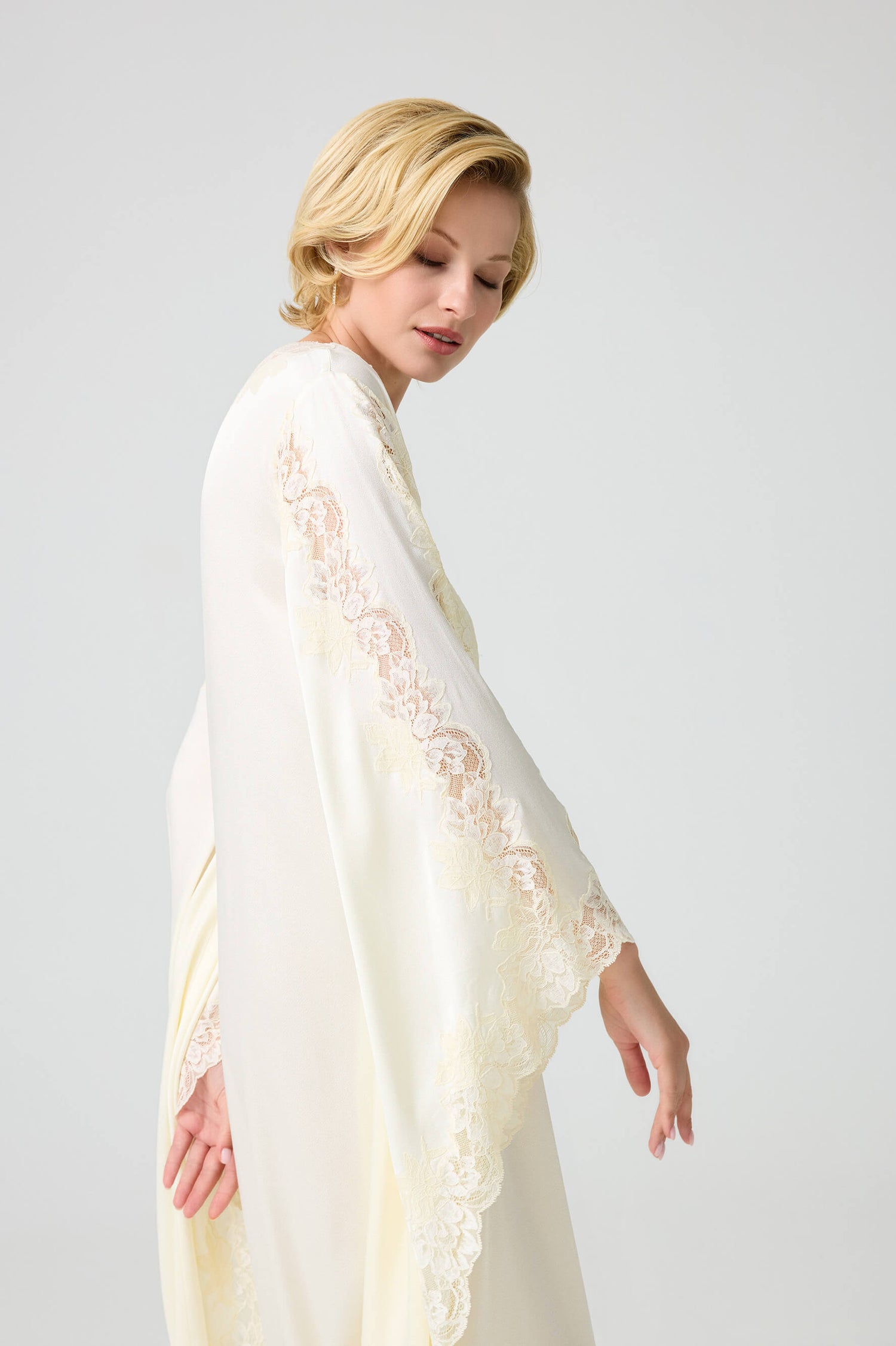 Adelaide - Trimmed Long Buttoned Dress with Triangular Sleeve - Off White with Honey Lace