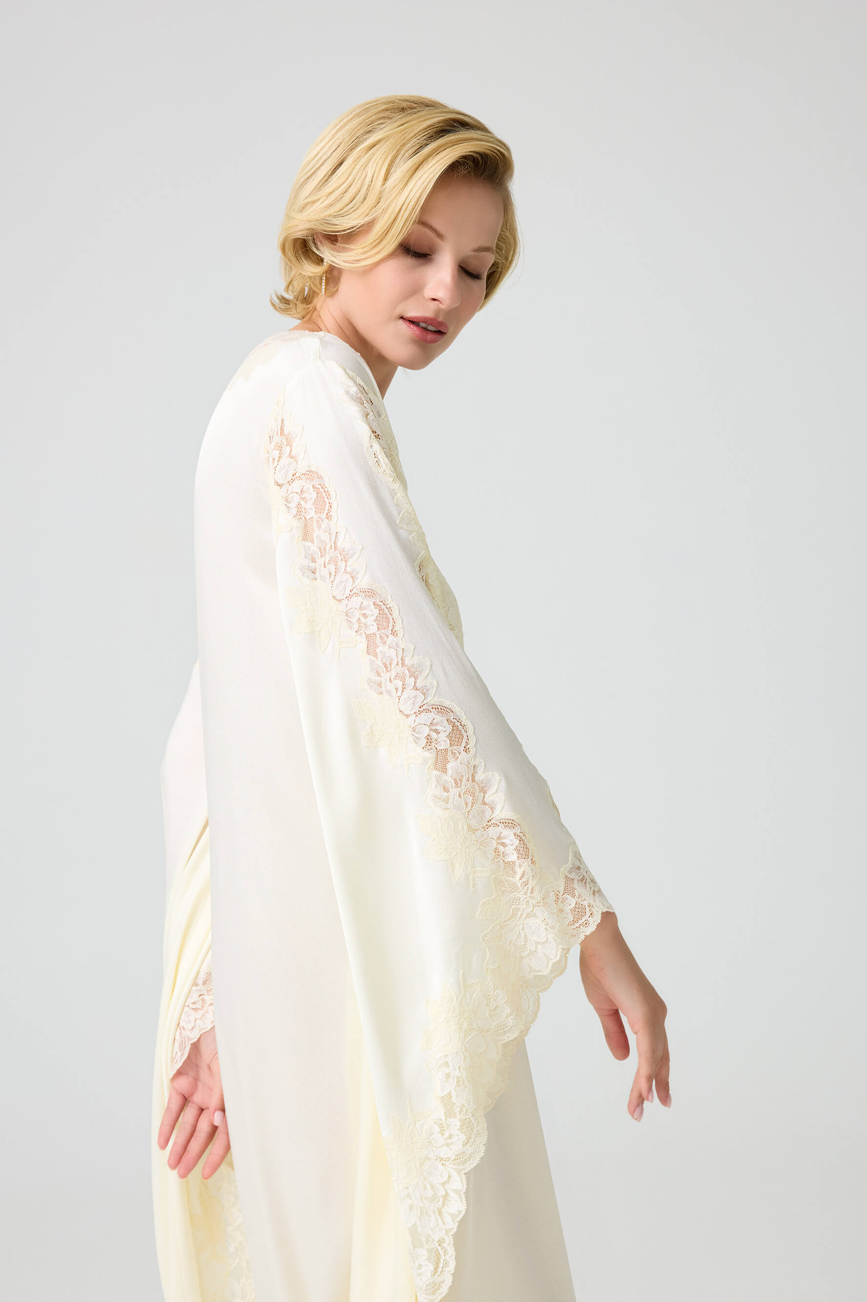 Adelaide - Trimmed Long Buttoned Dress with Triangular Sleeve - Off White with Honey Lace