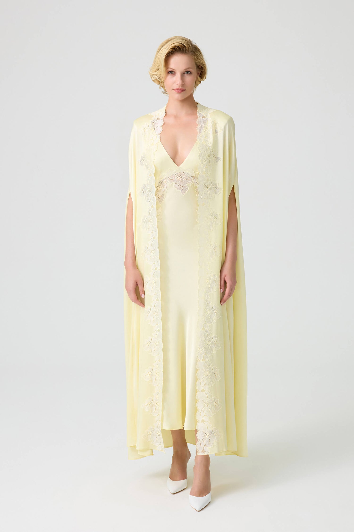 Beatrice - Trimmed Long Rayon Cape Set with Matching Inner Nightie - Butter Yellow