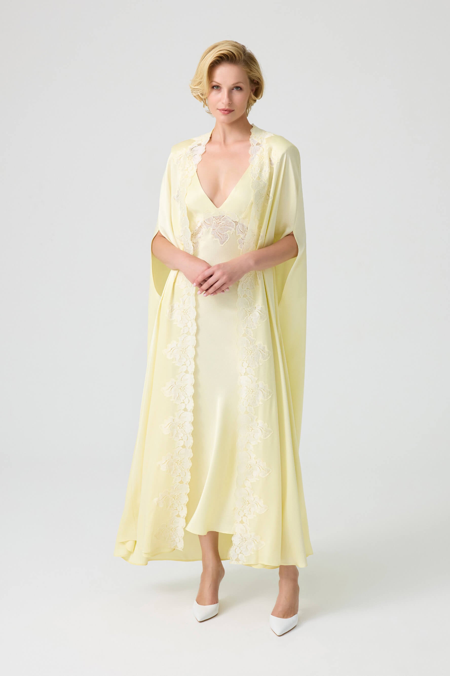 Beatrice - Trimmed Long Rayon Cape Set with Matching Inner Nightie - Butter Yellow