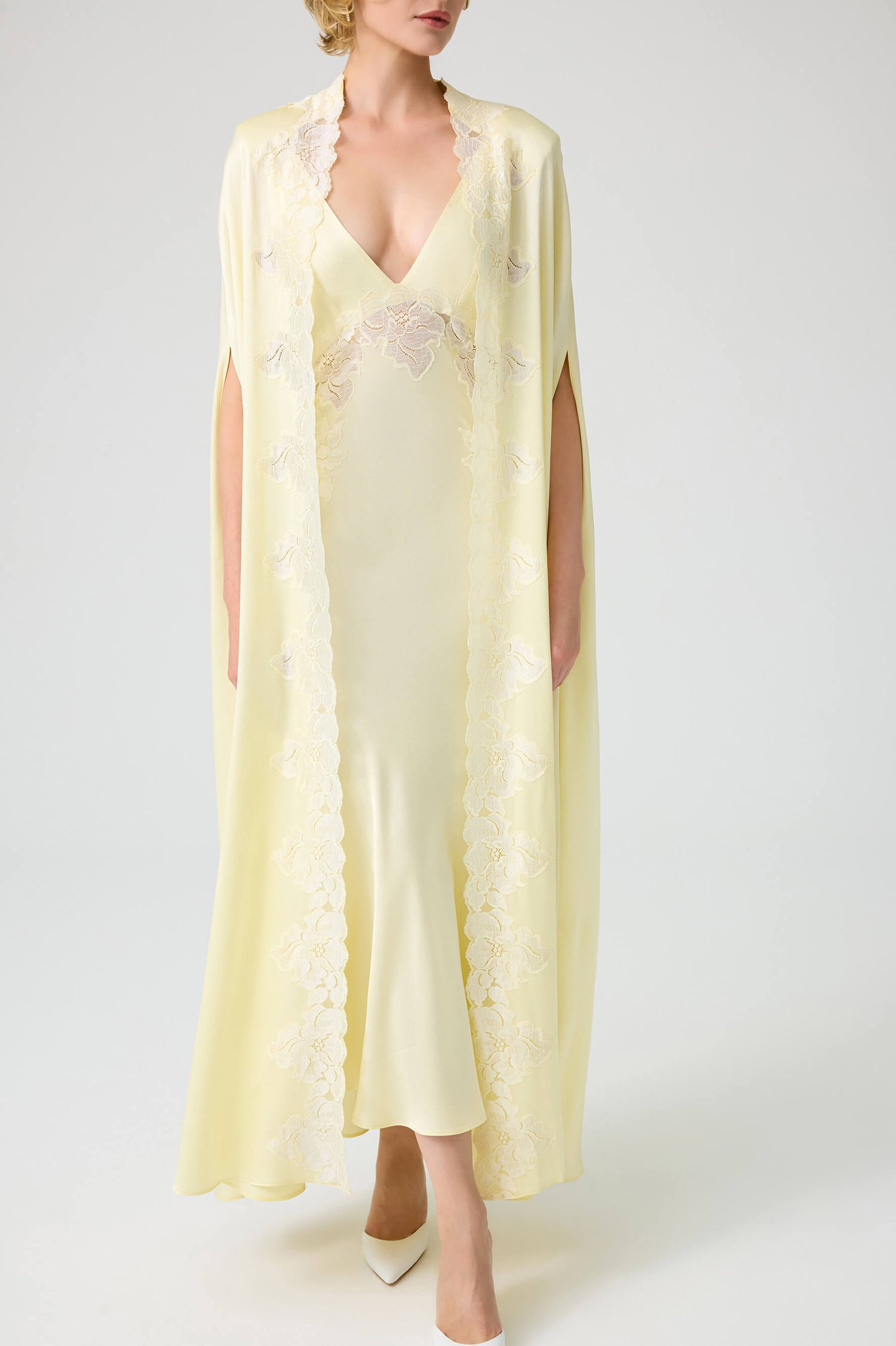 Beatrice - Trimmed Long Rayon Cape Set with Matching Inner Nightie - Butter Yellow