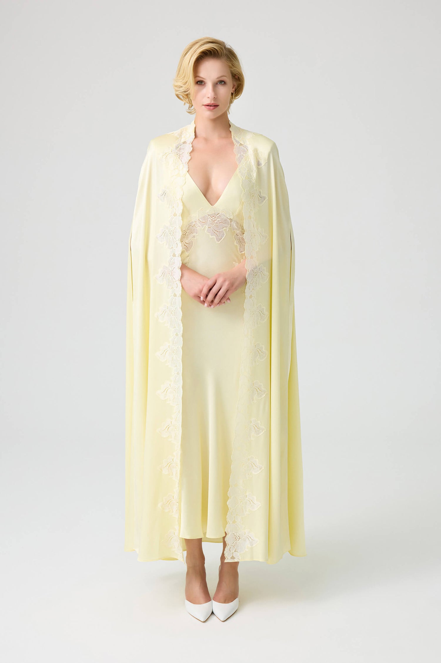 Beatrice - Trimmed Long Rayon Cape Set with Matching Inner Nightie - Butter Yellow