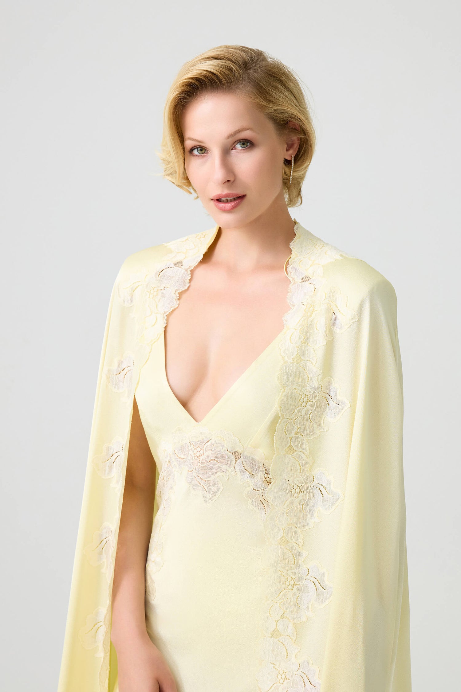 Beatrice - Trimmed Long Rayon Cape Set with Matching Inner Nightie - Butter Yellow