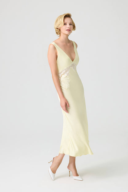 Eugenie - Trimmed Long V Neck Inner Nightie - Butter Yellow