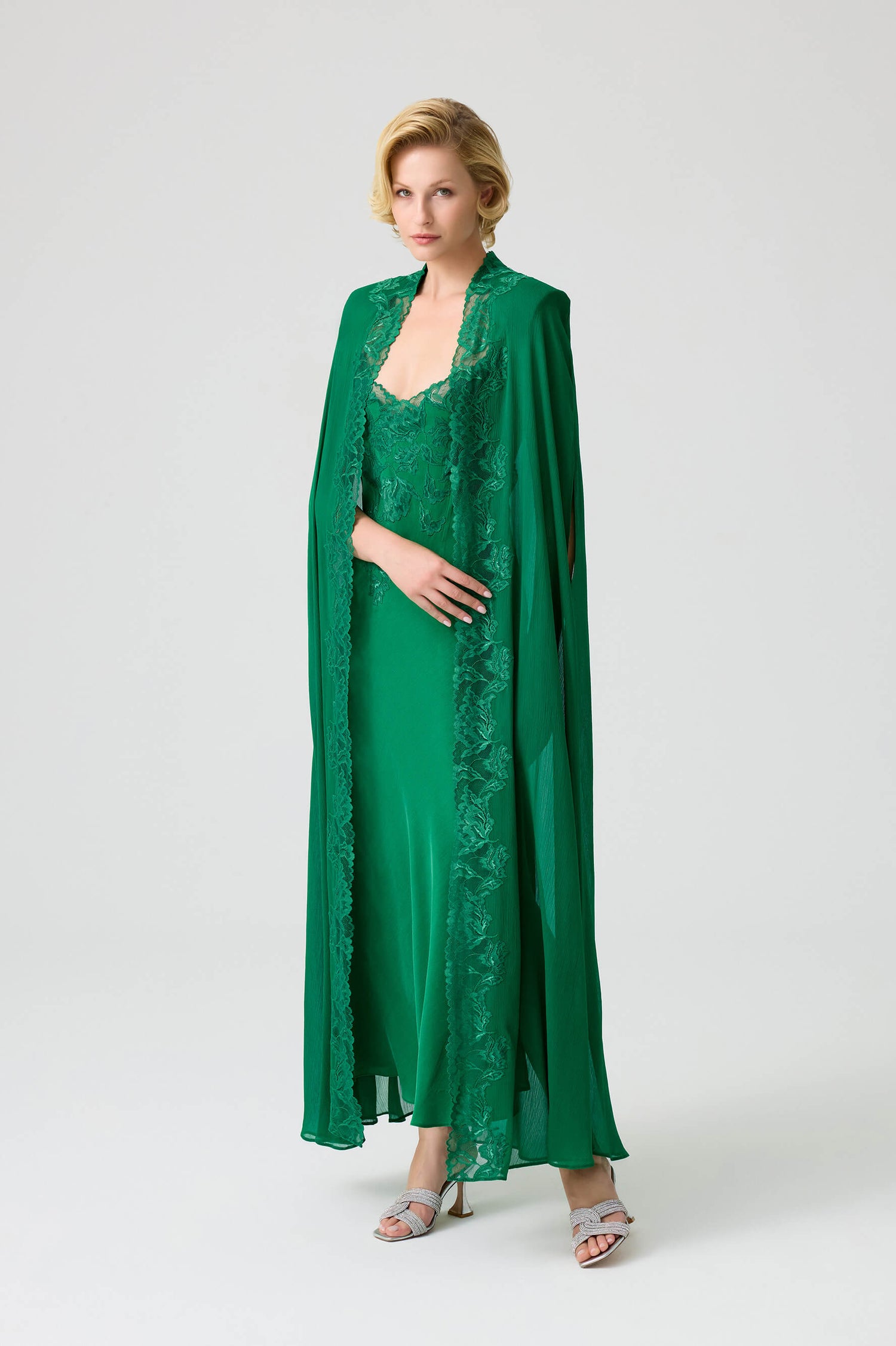 Alexandra - Trimmed Long Silky Chiffon Cape Set with CUPRO Long Trimmed Inner Nightie - Emerald Green