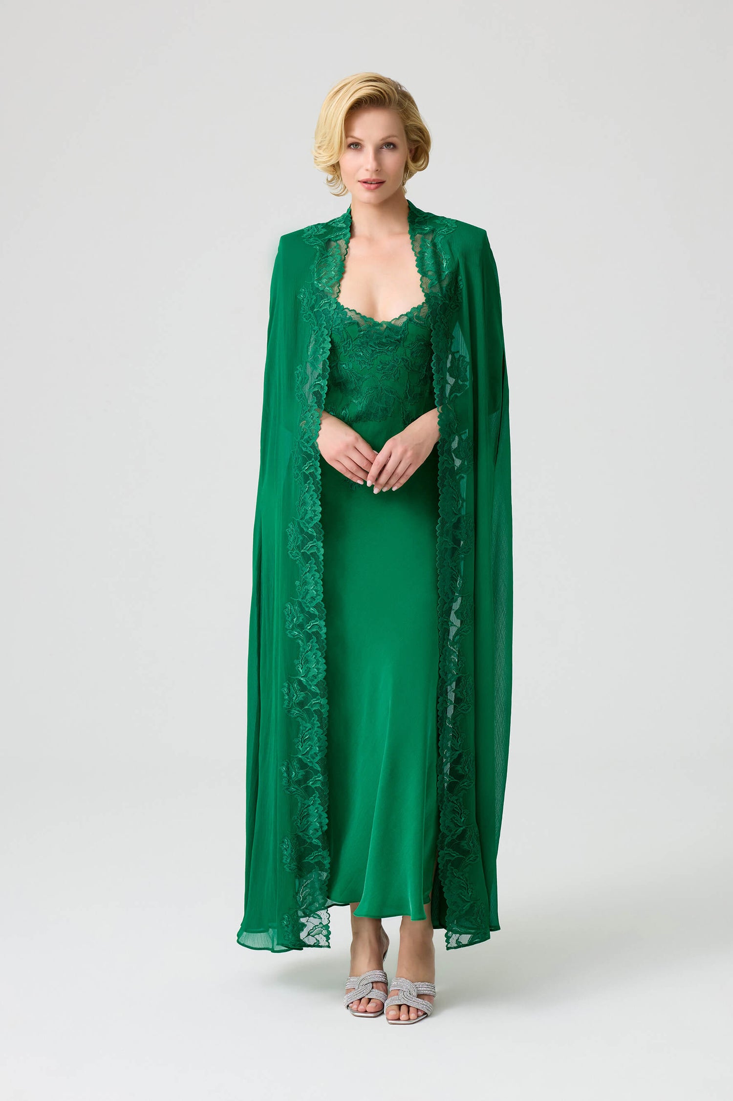 Alexandra - Trimmed Long Silky Chiffon Cape Set with CUPRO Long Trimmed Inner Nightie - Emerald Green