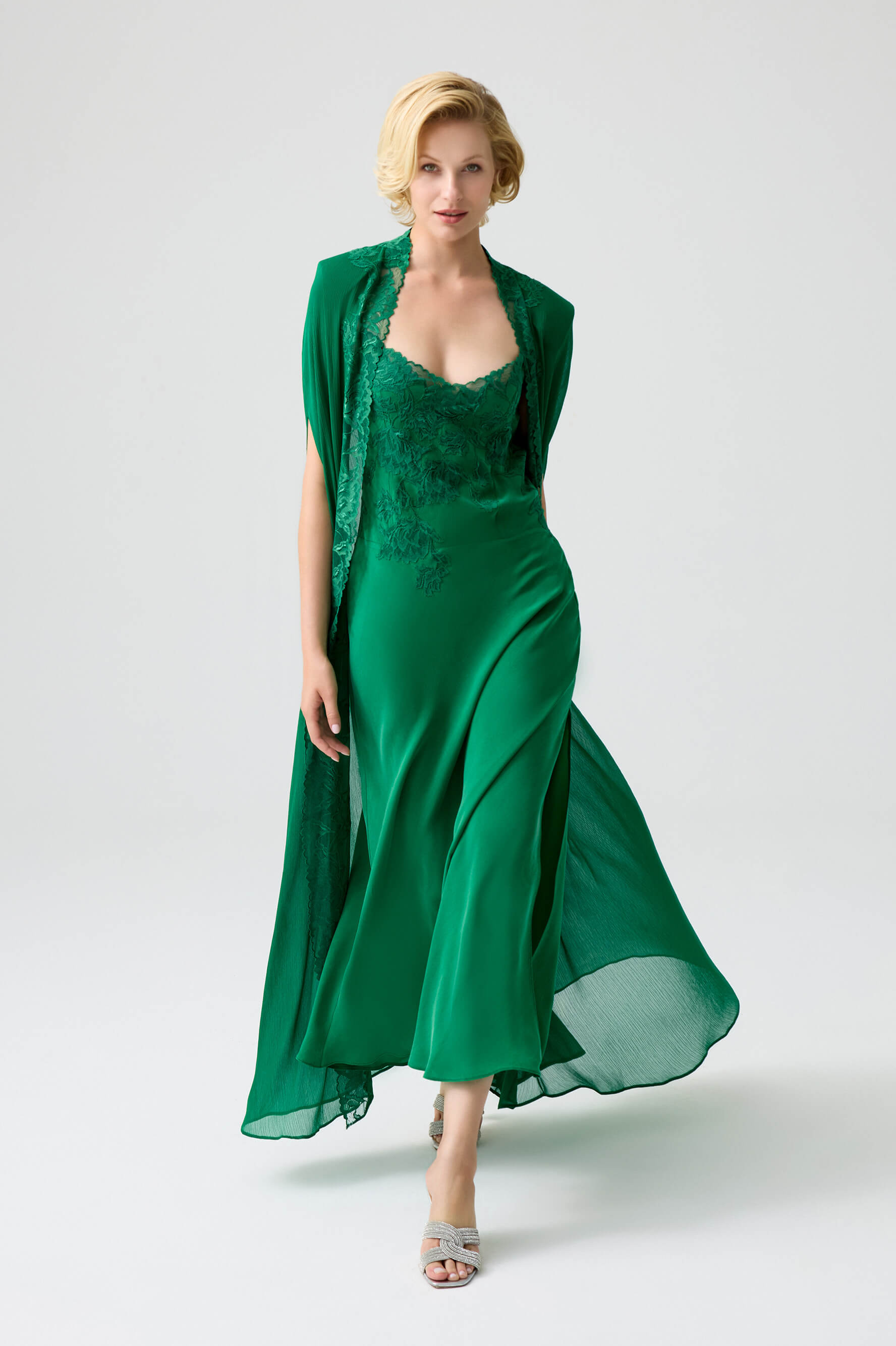 Alexandra - Trimmed Long Silky Chiffon Cape Set with CUPRO Long Trimmed Inner Nightie - Emerald Green