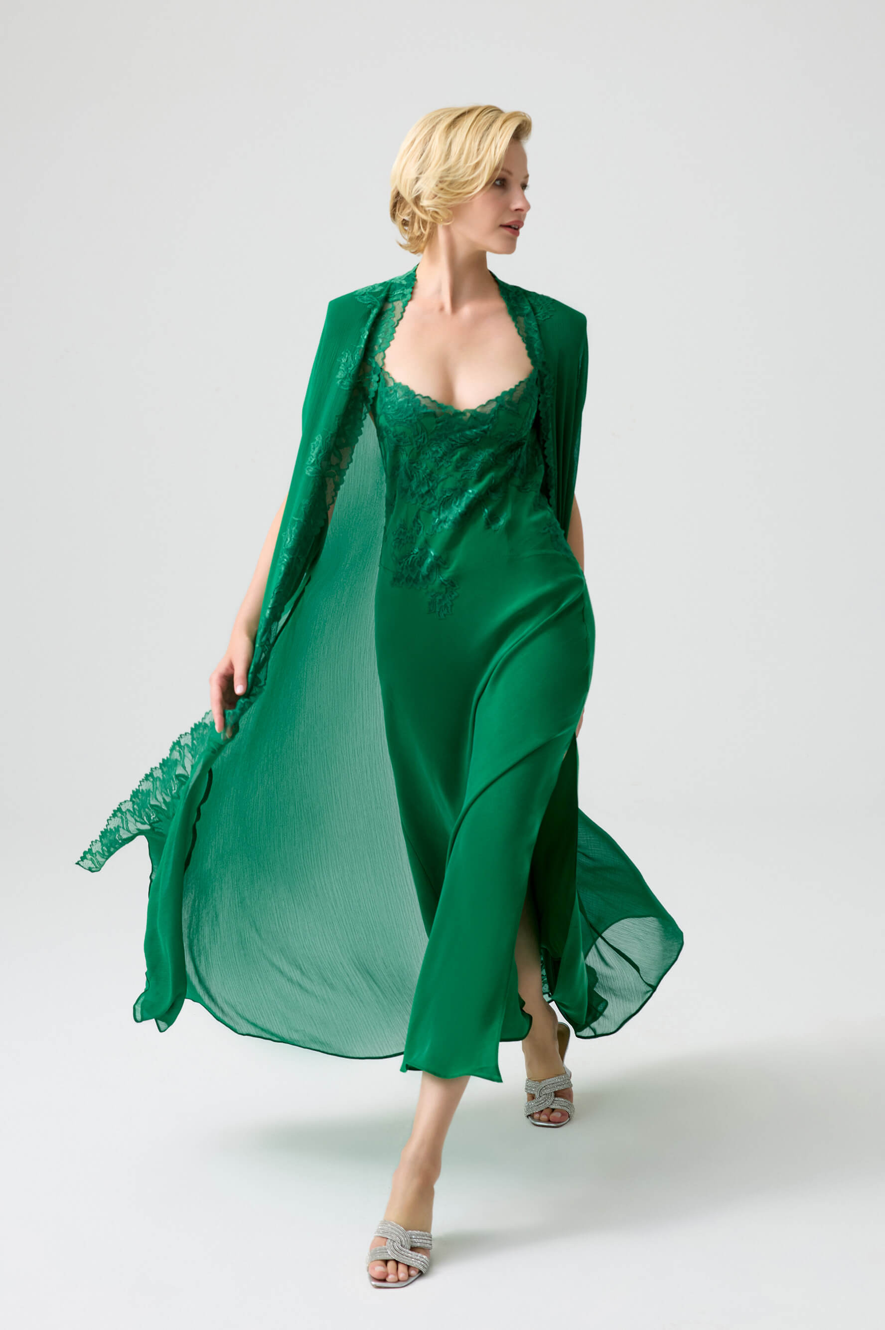 Alexandra - Trimmed Long Silky Chiffon Cape Set with CUPRO Long Trimmed Inner Nightie - Emerald Green