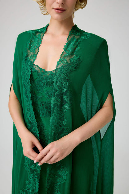 Alexandra - Trimmed Long Silky Chiffon Cape Set with CUPRO Long Trimmed Inner Nightie - Emerald Green