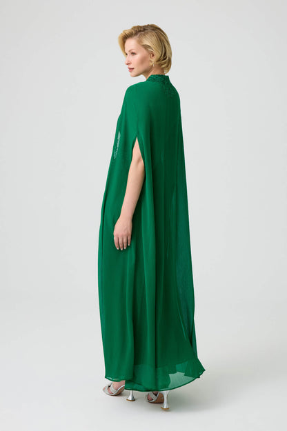 Alexandra - Trimmed Long Silky Chiffon Cape Set with CUPRO Long Trimmed Inner Nightie - Emerald Green