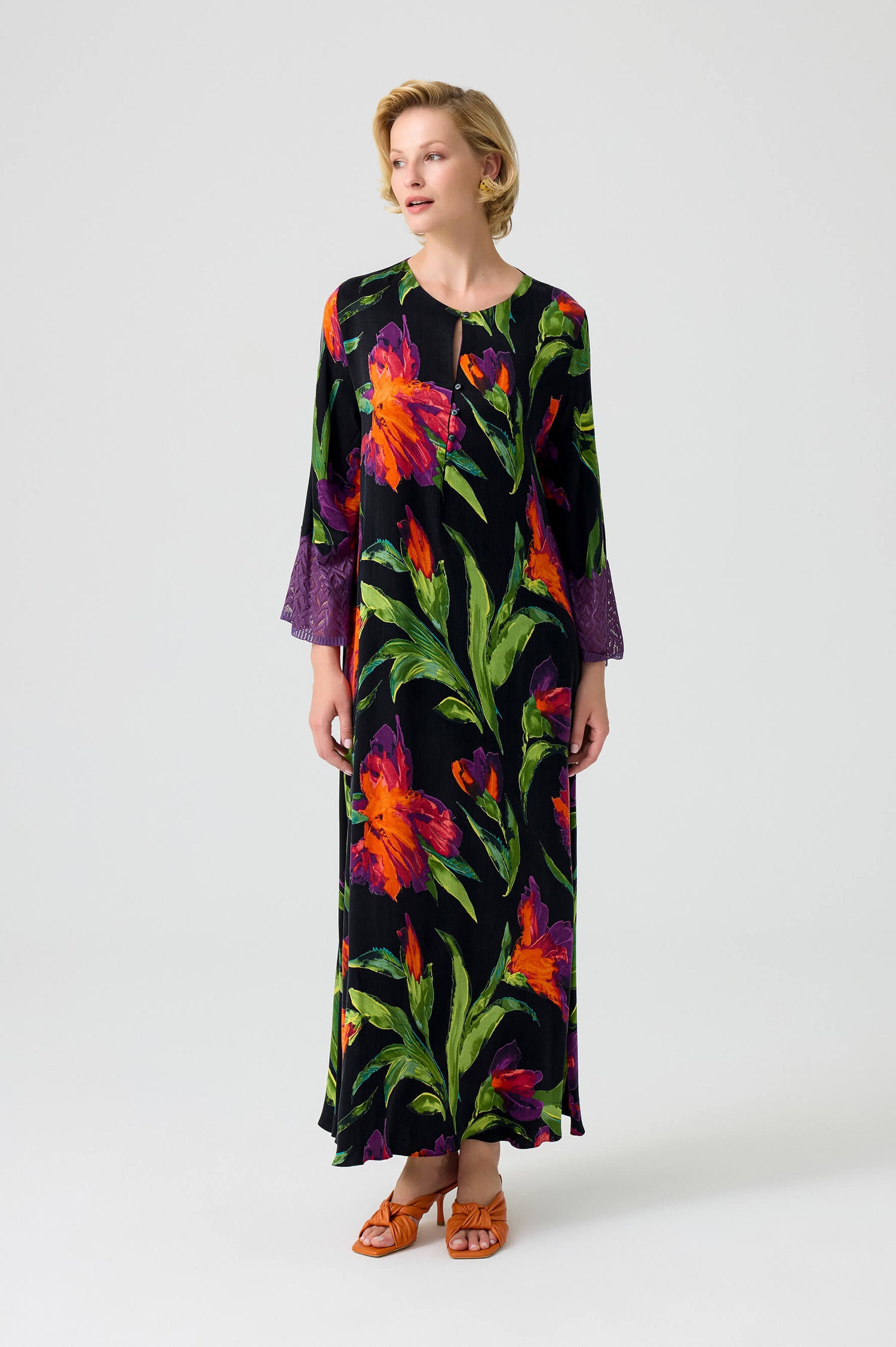 Elizabeth - CUPRO Long Trimmed Buttoned Dress - Multicoloured