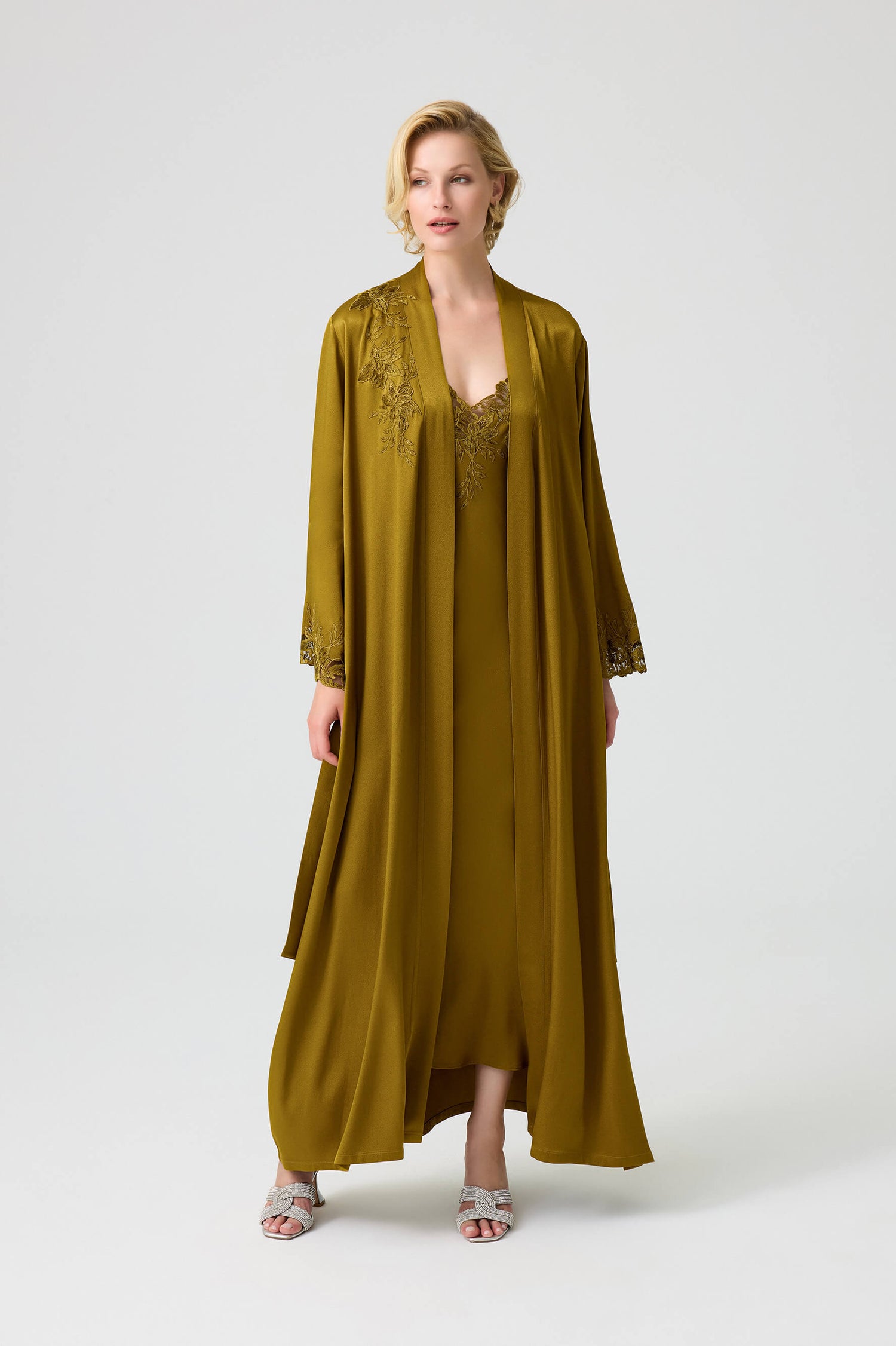 Olivia - Trimmed Long Rayon Robe Set with Matching Inner Nightie - Olive Oil Green