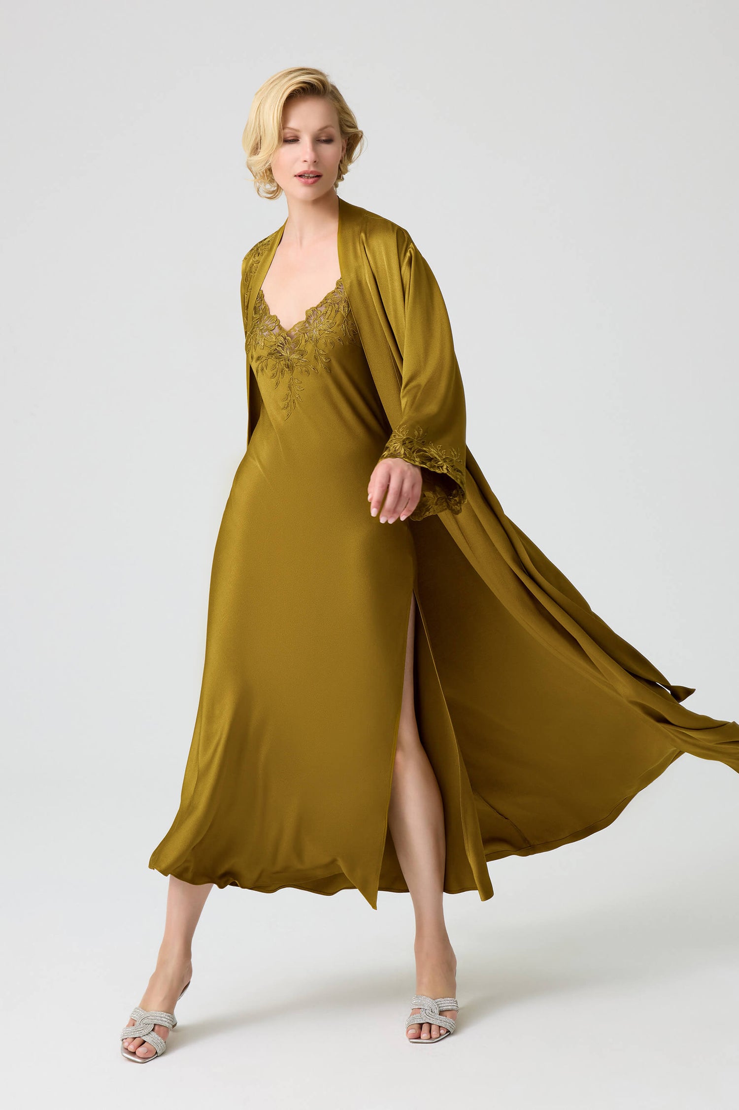 Olivia - Trimmed Long Rayon Robe Set with Matching Inner Nightie - Olive Oil Green