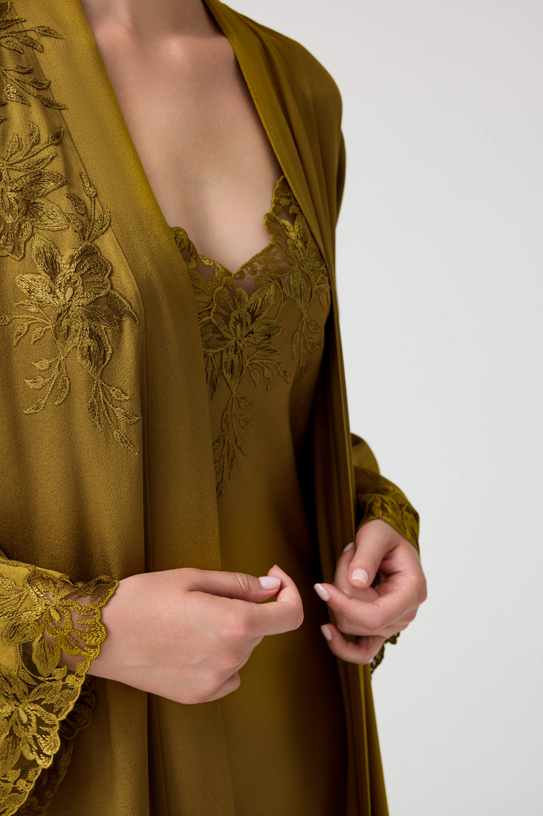 Olivia - Trimmed Long Rayon Robe Set with Matching Inner Nightie - Olive Oil Green