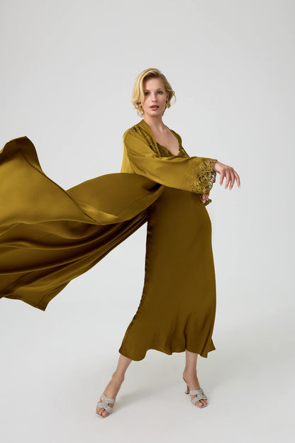 Olivia - Trimmed Long Rayon Robe Set with Matching Inner Nightie - Olive Oil Green