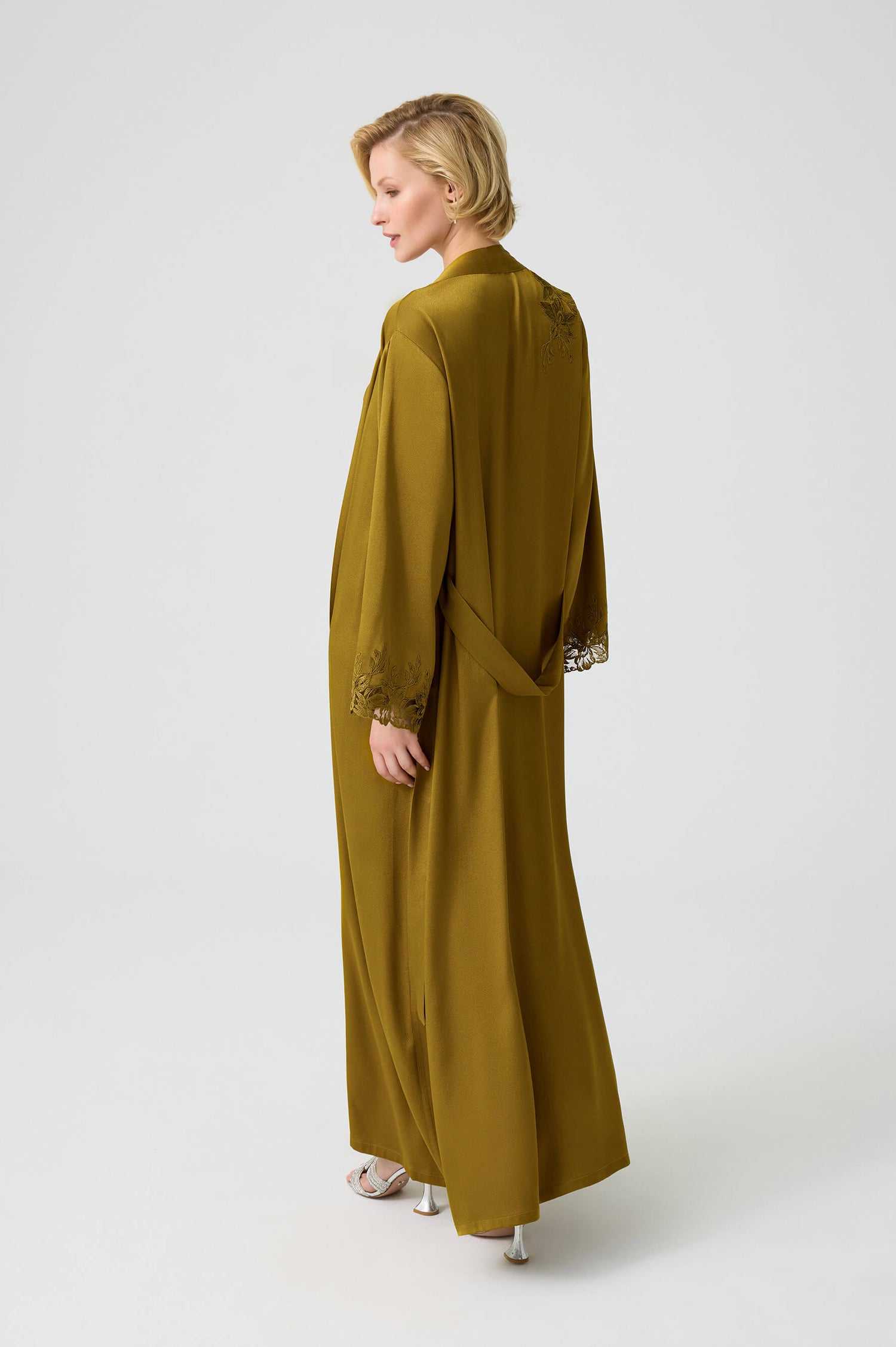 Olivia - Trimmed Long Rayon Robe Set with Matching Inner Nightie - Olive Oil Green