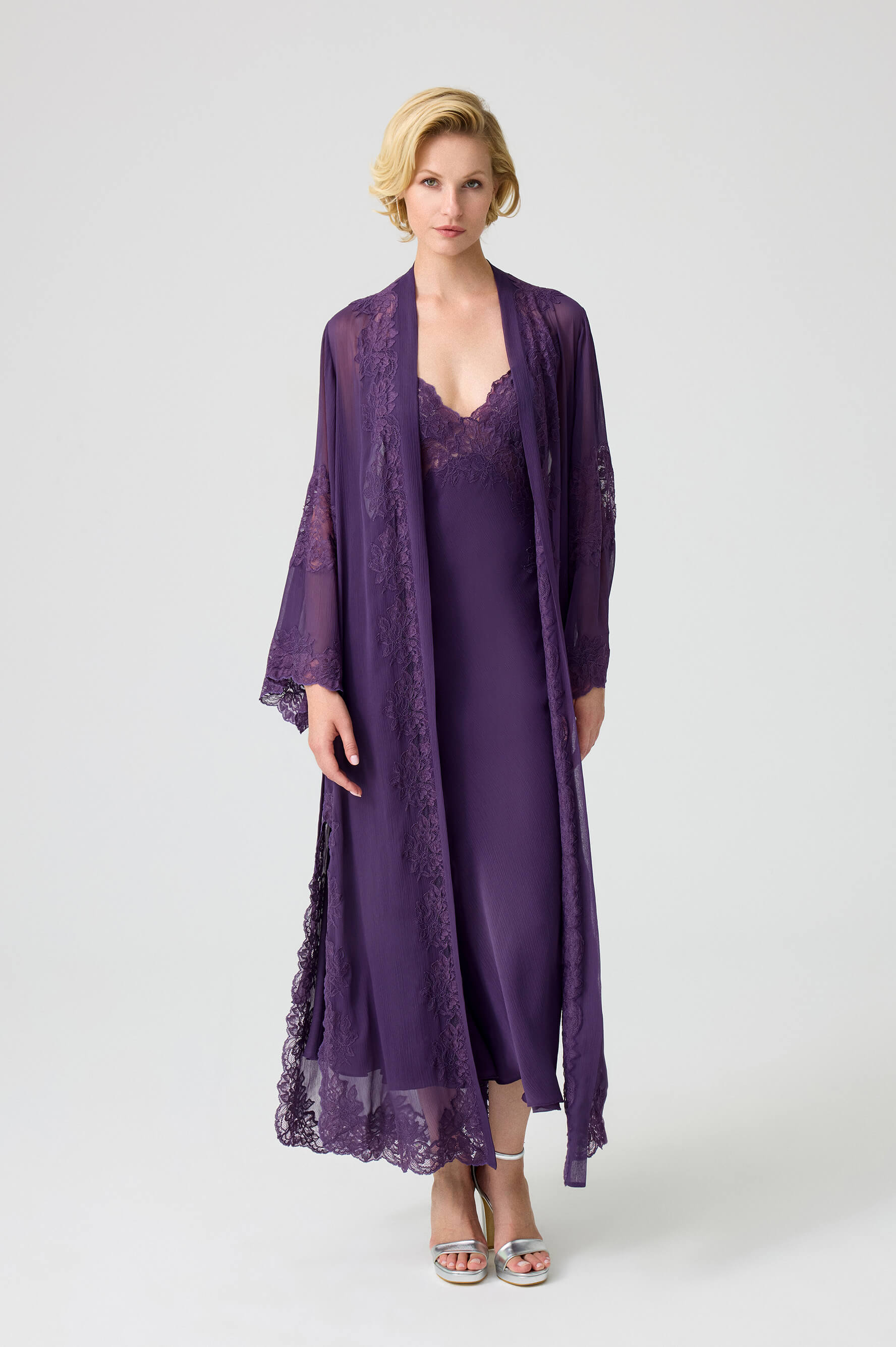 Camilla Trimmed Long Silky Chiffon Robe Set with Matching Inner Nightie Dark Violet