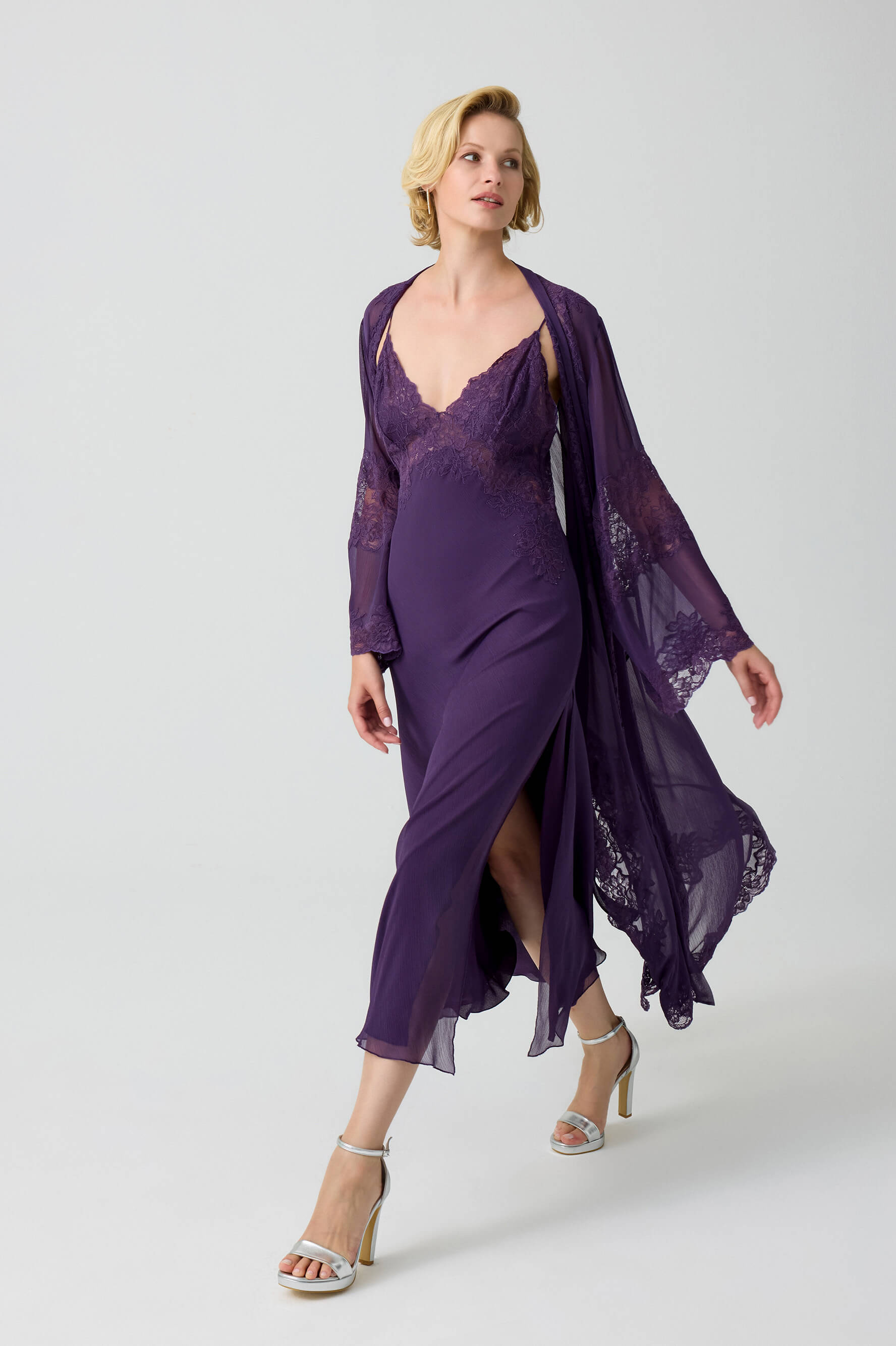 Camilla - Trimmed Long Silky Chiffon Robe Set with Matching Inner Nightie - Dark Violet