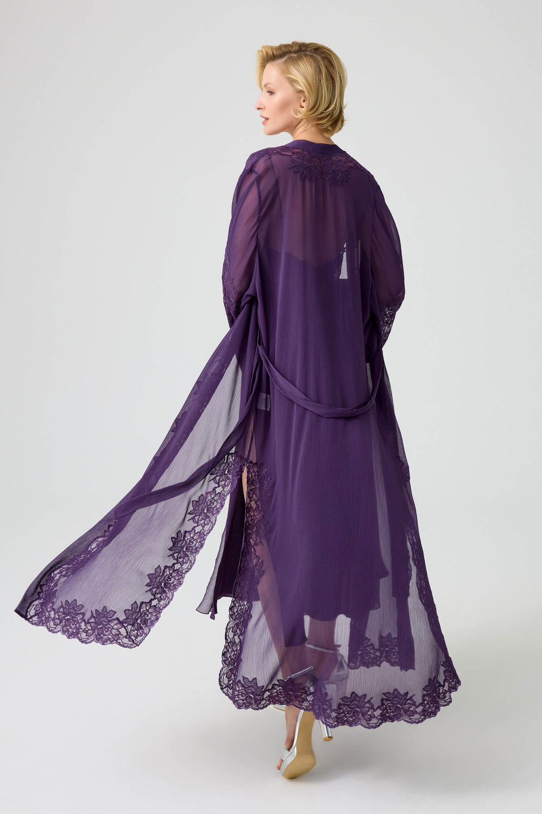 Camilla - Trimmed Long Silky Chiffon Robe Set with Matching Inner Nightie - Dark Violet