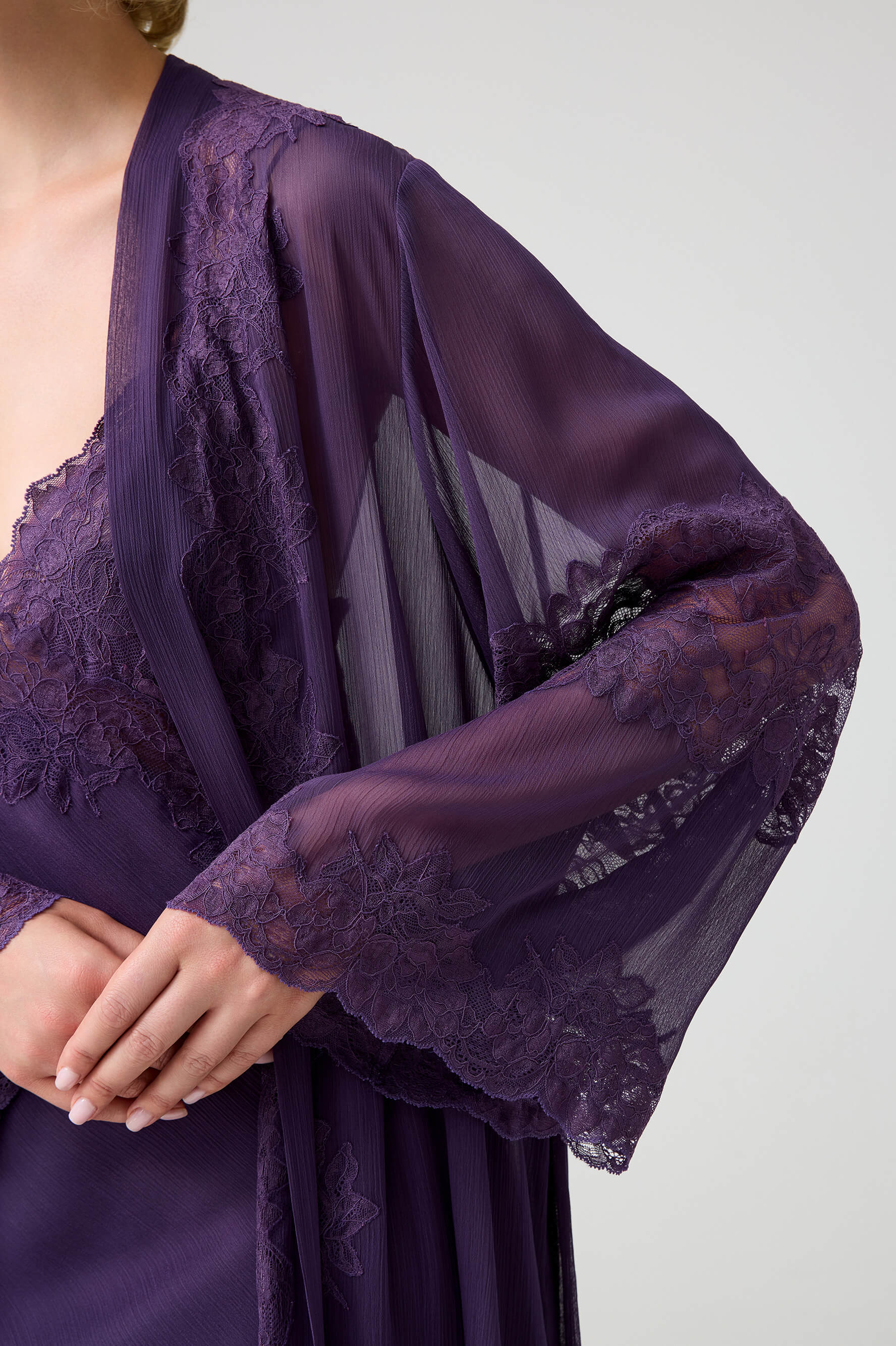 Camilla - Trimmed Long Silky Chiffon Robe Set with Matching Inner Nightie - Dark Violet