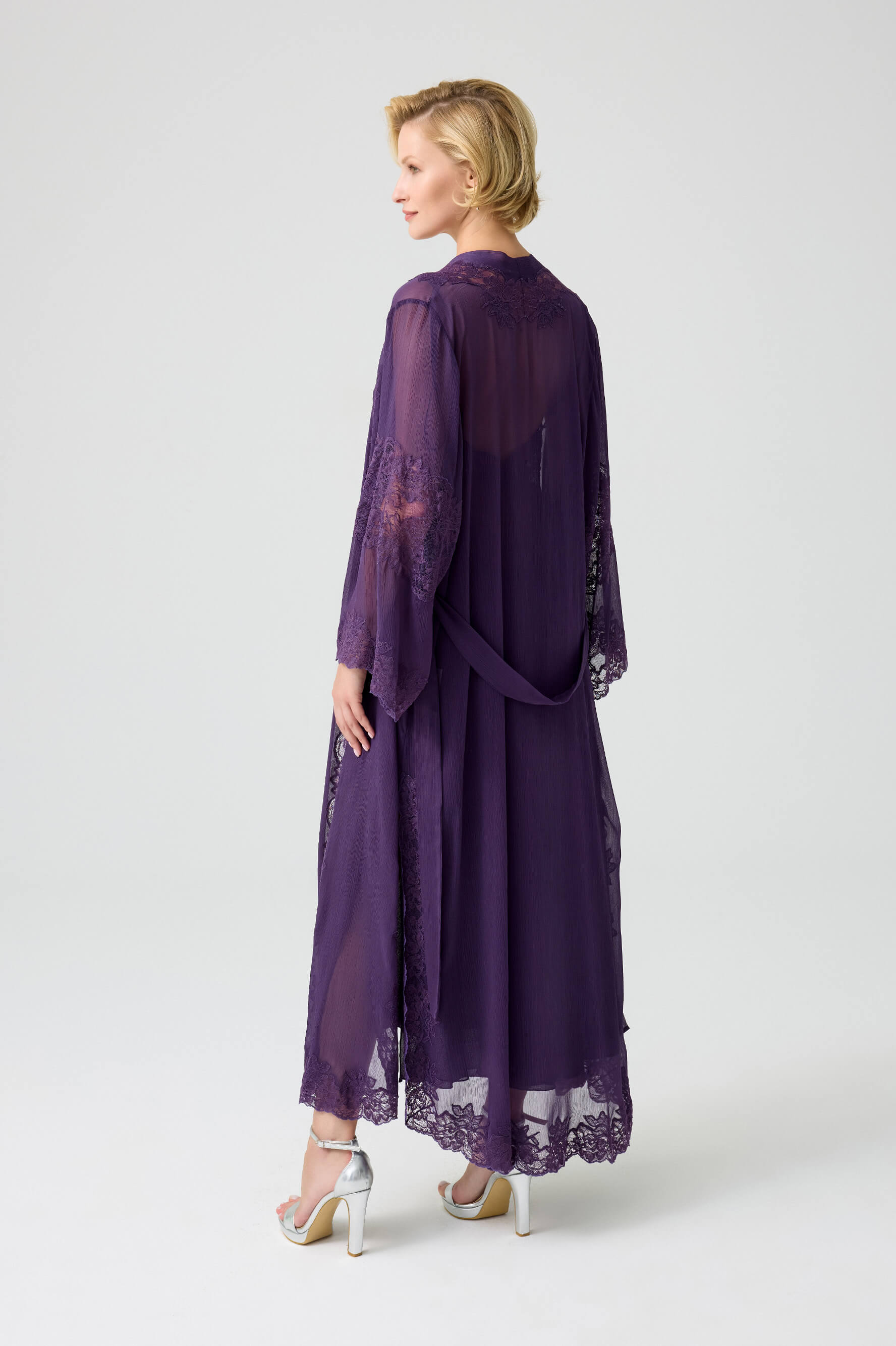 Camilla - Trimmed Long Silky Chiffon Robe Set with Matching Inner Nightie - Dark Violet