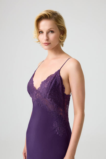 Joan - Silky Crepe Long Trimmed on the Neck Inner Nightie - Dark Violet