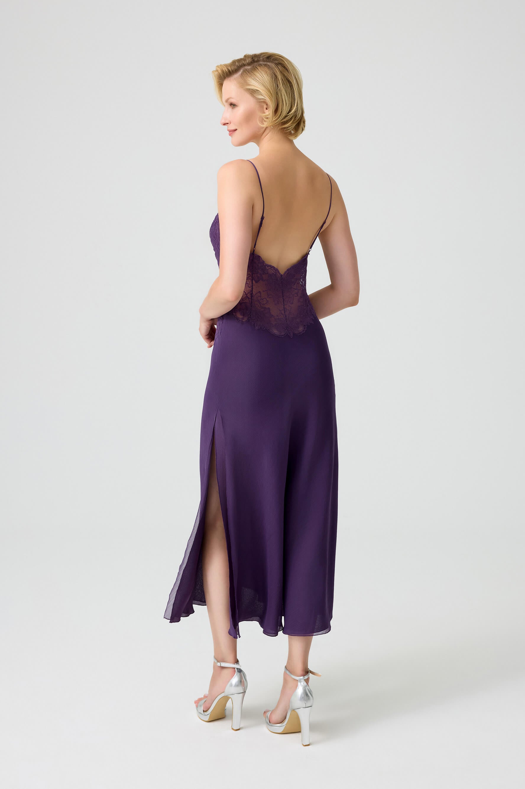 Joan - Silky Crepe Long Trimmed on the Neck Inner Nightie - Dark Violet