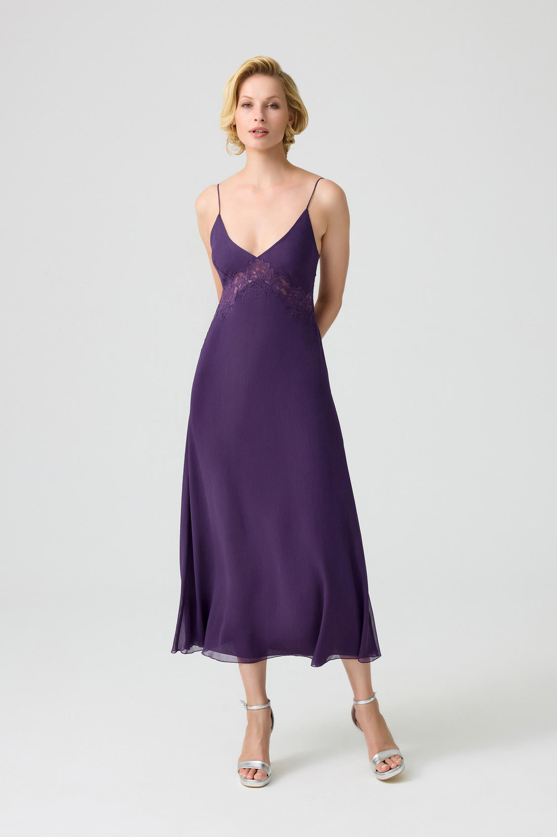 Joel - Silky Crepe Long Trimmed Under the Breast Inner Nightie - Dark Violet