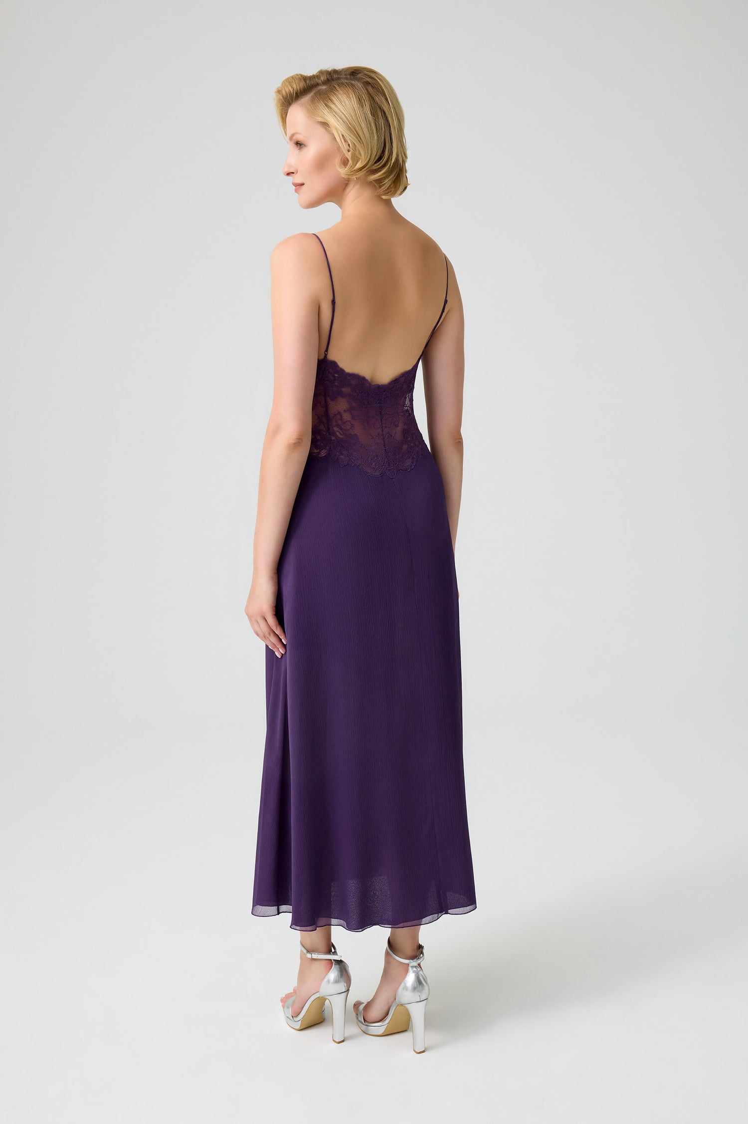 Joel - Silky Crepe Long Trimmed Under the Breast Inner Nightie - Dark Violet