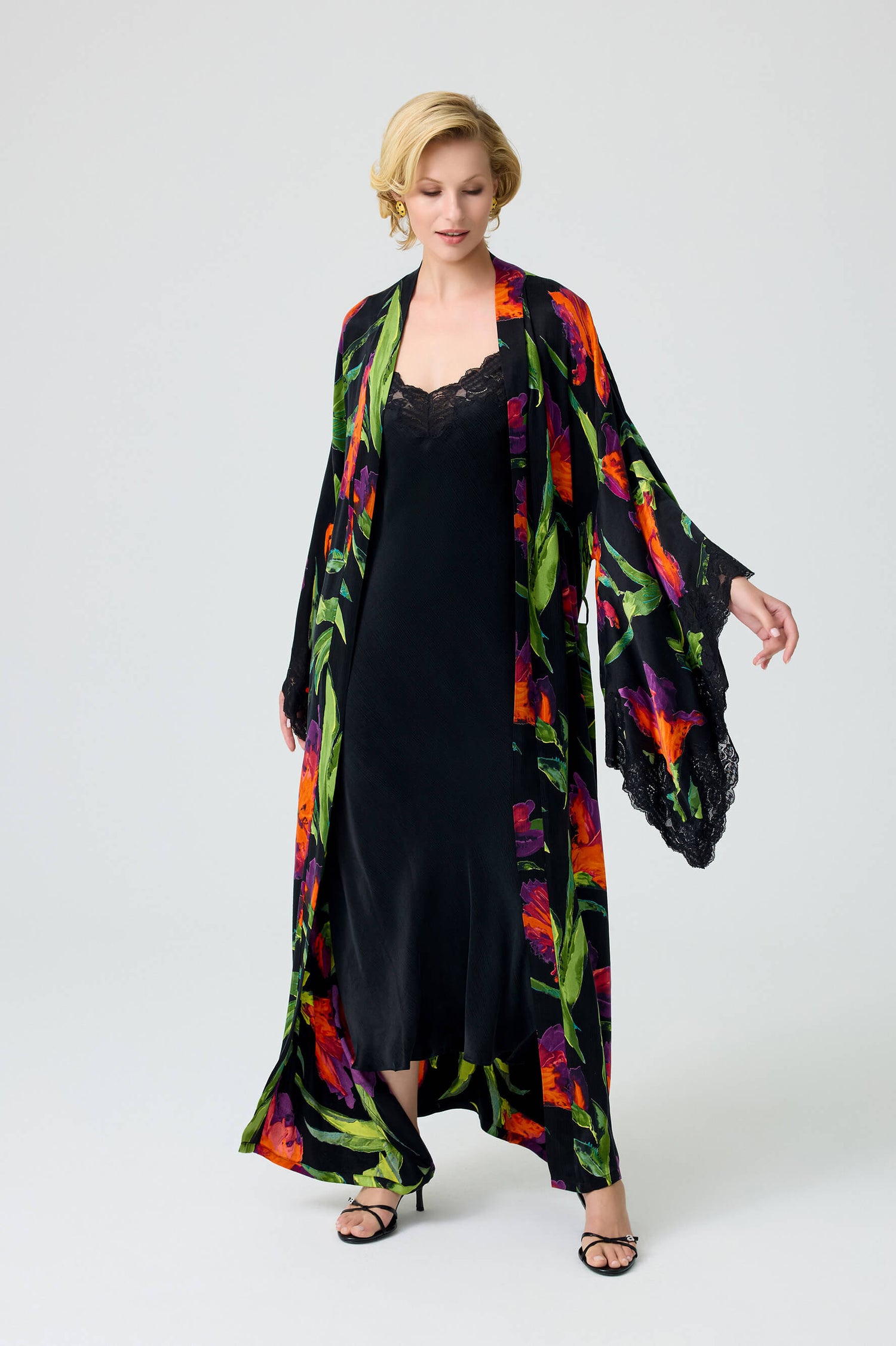 Margaret - CUPRO Long Trimmed Kimono Set with CUPRO Inner Nightie - Multicolored