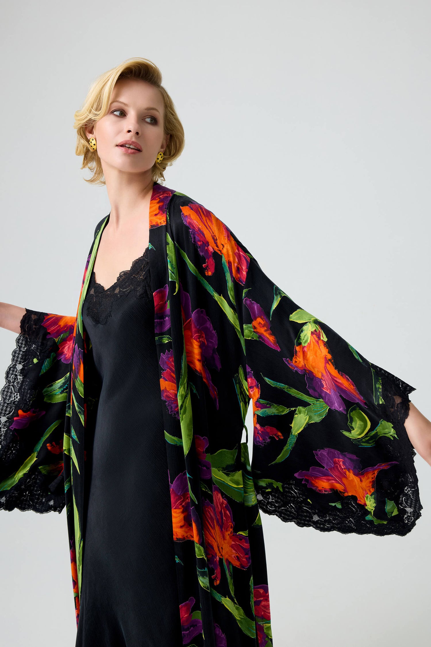 Margaret - CUPRO Long Trimmed Kimono Set with CUPRO Inner Nightie - Multicolored