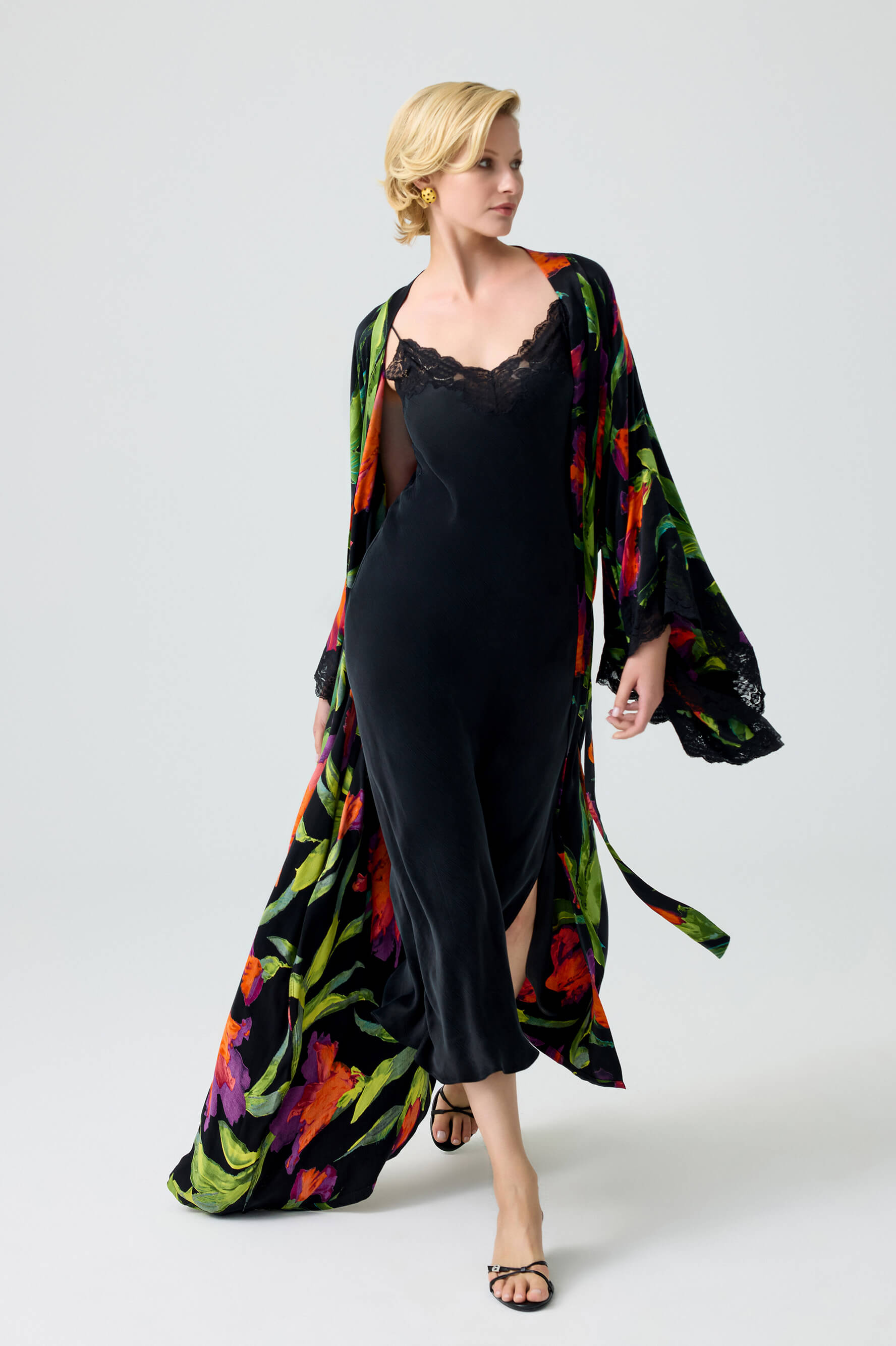 Margaret - CUPRO Long Trimmed Kimono Set with CUPRO Inner Nightie - Multicolored