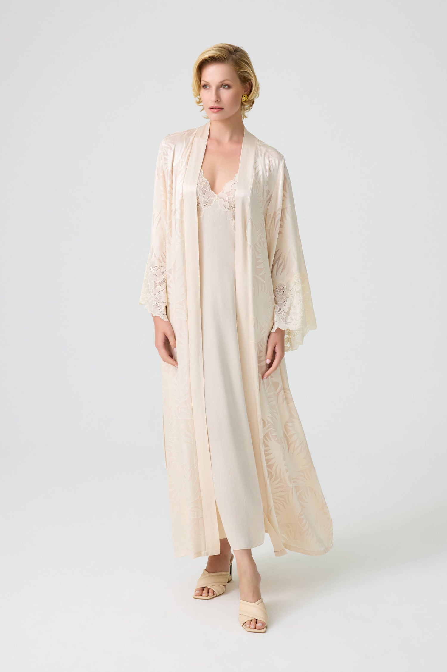 Charlotte - Trimmed Silky Robe Set with Inner Nightie - Honey