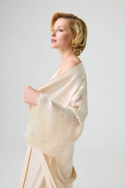 Charlotte - Trimmed Silky Robe Set with Inner Nightie - Honey