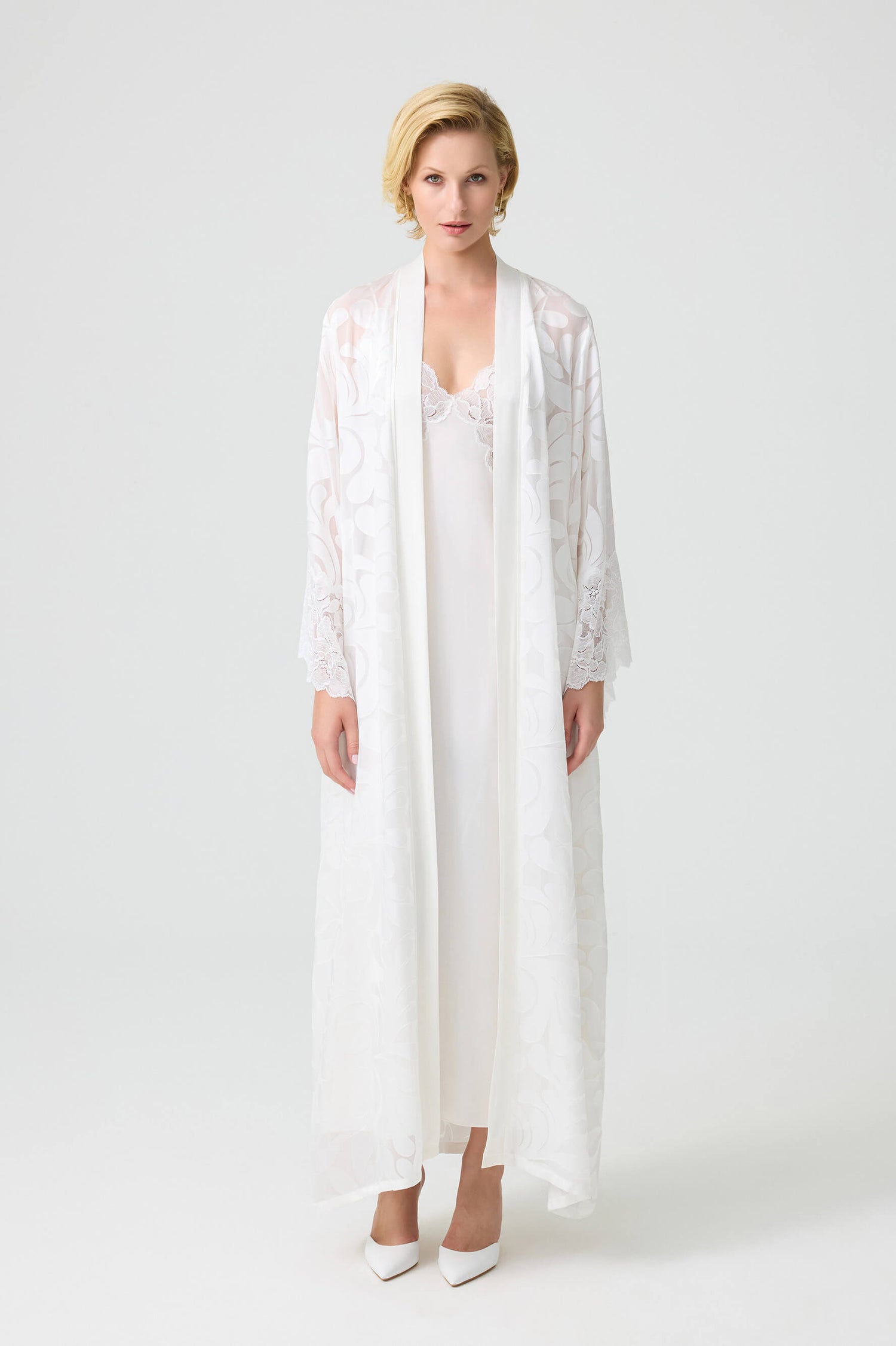 Silky Charlotte - Trimmed Robe Set with CUPRO Inner Nightie - Off White