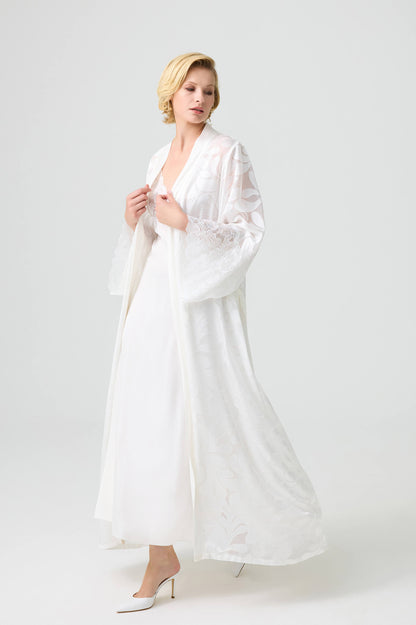 Silky Charlotte - Trimmed Robe Set with CUPRO Inner Nightie - Off White