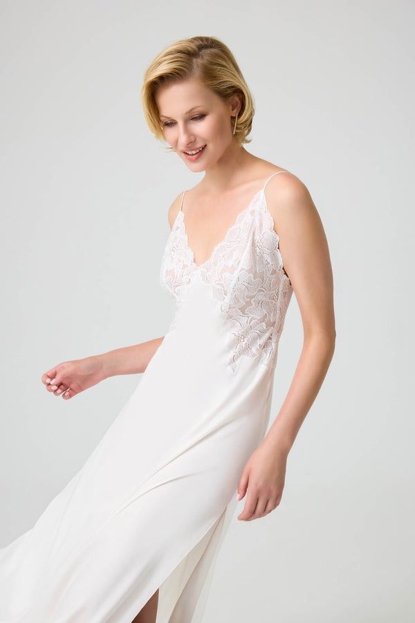 Silky Charlotte Trimmed Robe Set With Cupro Inner Nightie Off White Off White Silk — Bocan Couture luxury nightwear, look 13