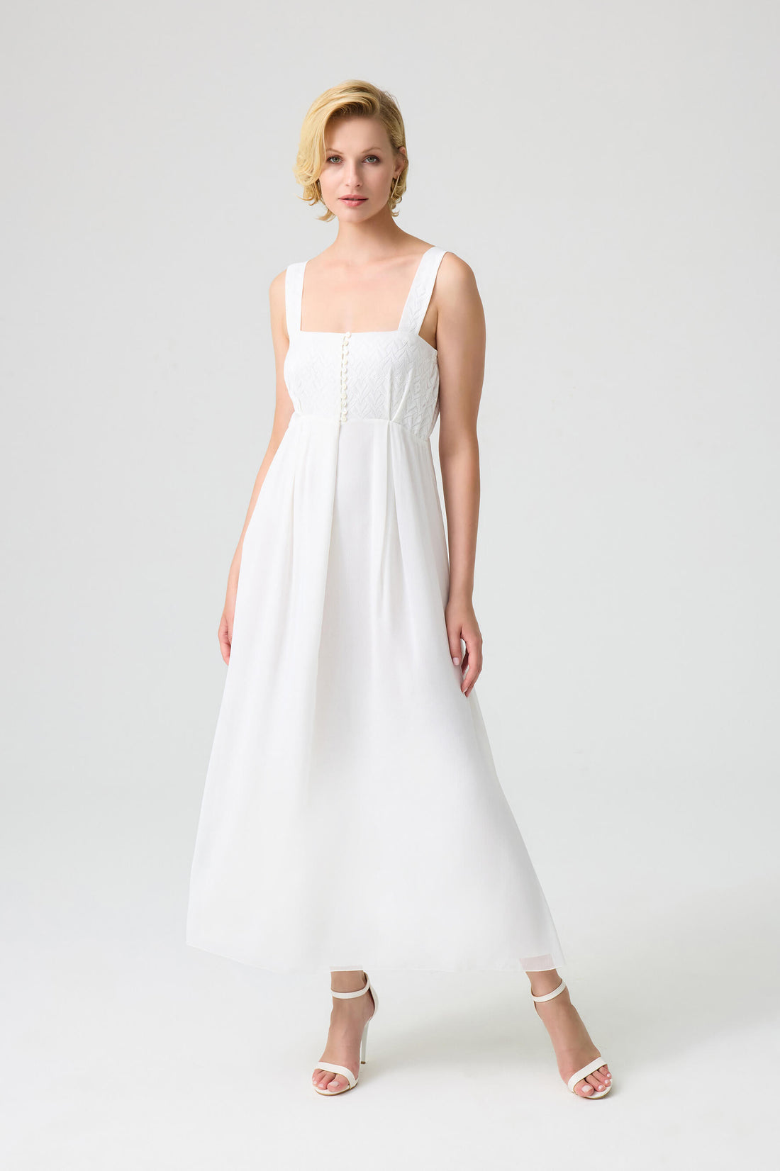 Jane - Silky Crepe Long Trimmed and Buttoned Inner Nightie - White