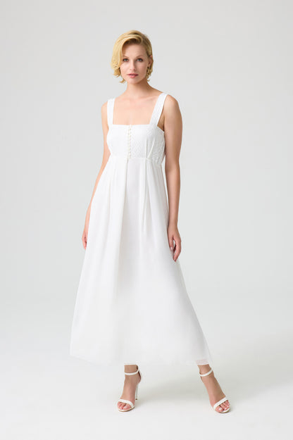 Jane - Silky Crepe Long Trimmed and Buttoned Inner Nightie - White